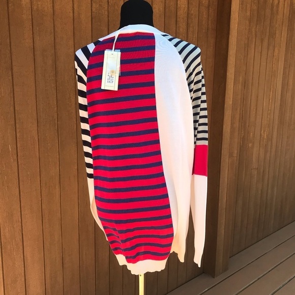 Bruno Manetti NWT Striped Colorblock Cardigan V Neck Red White Blue Large Silk - Picture 2 of 4